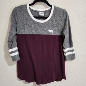 VS PINK Burgundy Red and Grey Colorblock 3/4 Sleeve Everyday Tee - S
